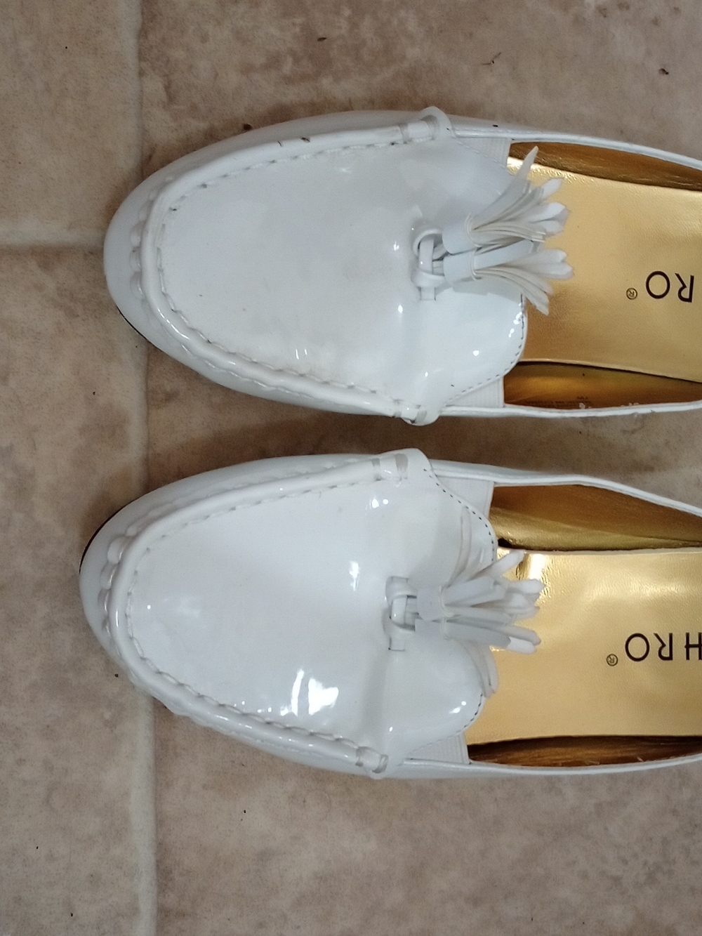 White Ashro women's slip-on mule dress shoes  distinct tassel detail on the vamp